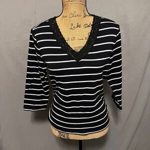 Chaps‎ Striped Top Lace V-Neck 3/4 Sleeve Cotton Classic Tee Black White Size L